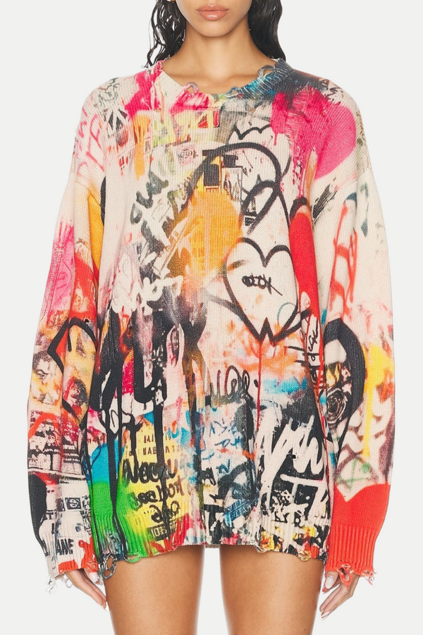 Onida Graffiti Printed Distressed Sweater