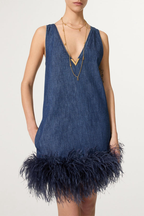 Poppa Feather Trim Denim Mini Dress