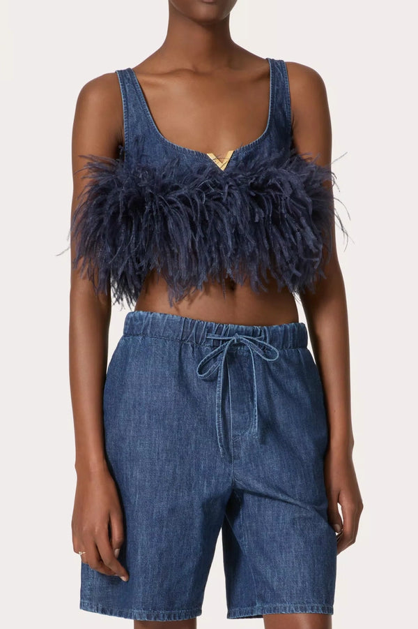 Poppa Feather Trim Denim Top