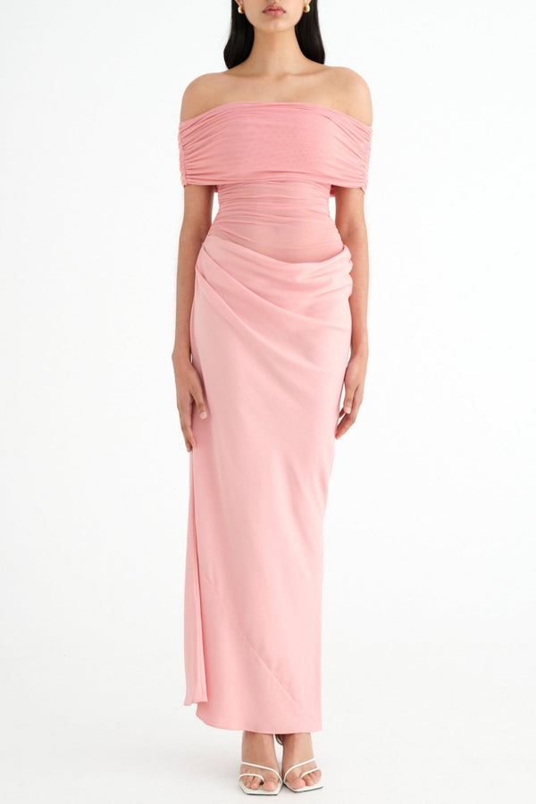 Reanko Off Shoulder Ruched Mesh Maxi Dress - Pink