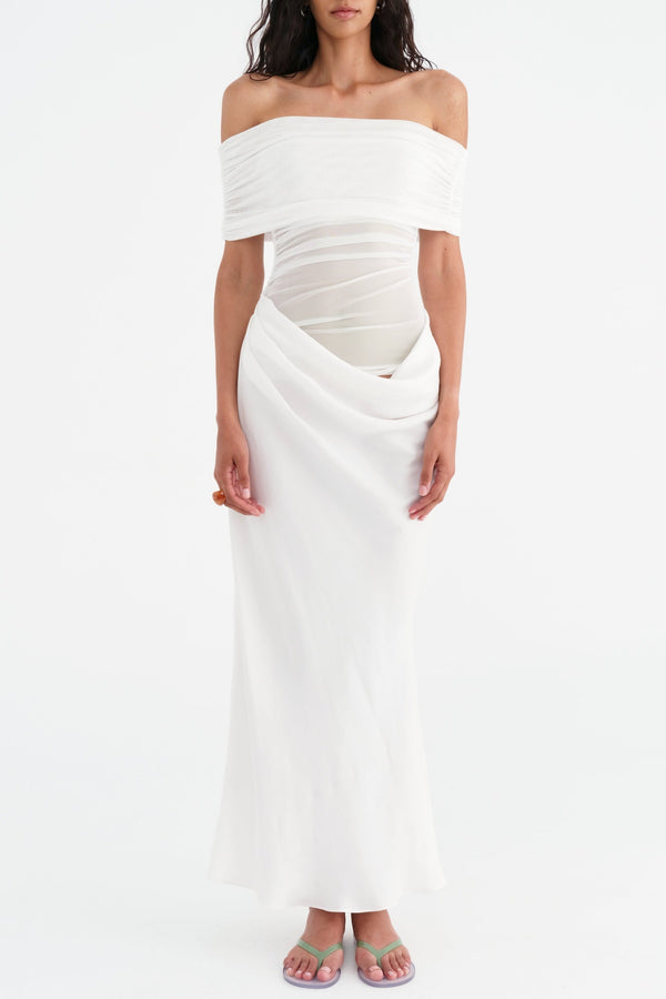 Reanko Off Shoulder Ruched Mesh Maxi Dress - White