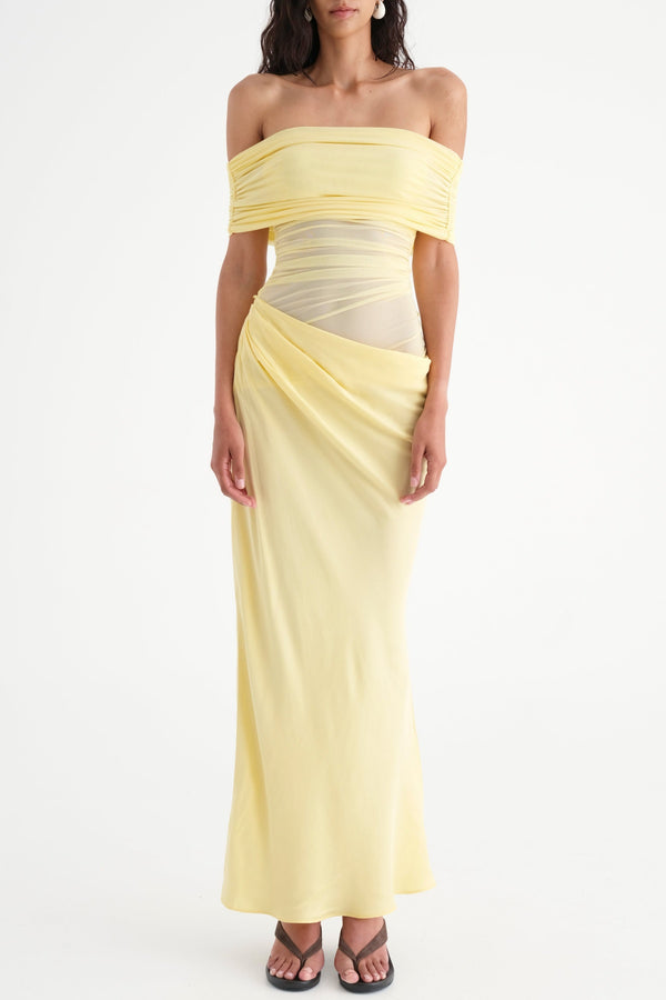 Reanko Off Shoulder Ruched Mesh Maxi Dress - Yellow