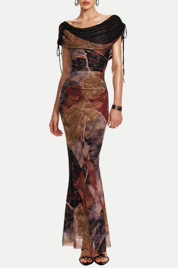 Rosala Print Mesh Off Shoulder Maxi Dress