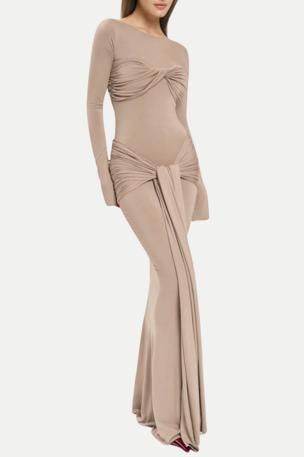 Rosalba Ruched Long Sleeve Maxi Dress - Khaki