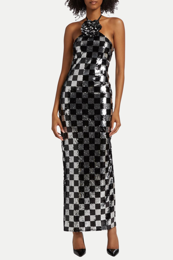 Amaury Checkered Flower Seuiqn Halter Maxi Dress