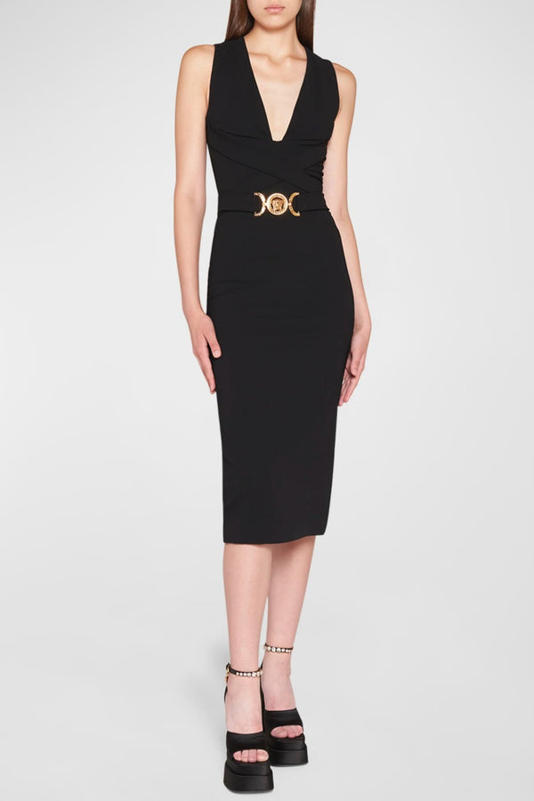 Saple V-neck Belted Embellished Midi Bandage Dress