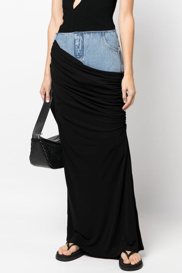 Sloane Draped Patchwork Denim Skirt